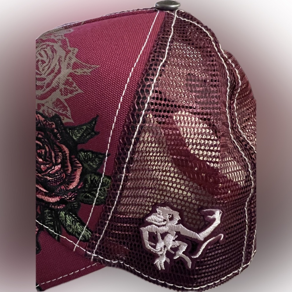 Red Monkey Burgundy Skull Embroidered Cap - Picture 4 of 9